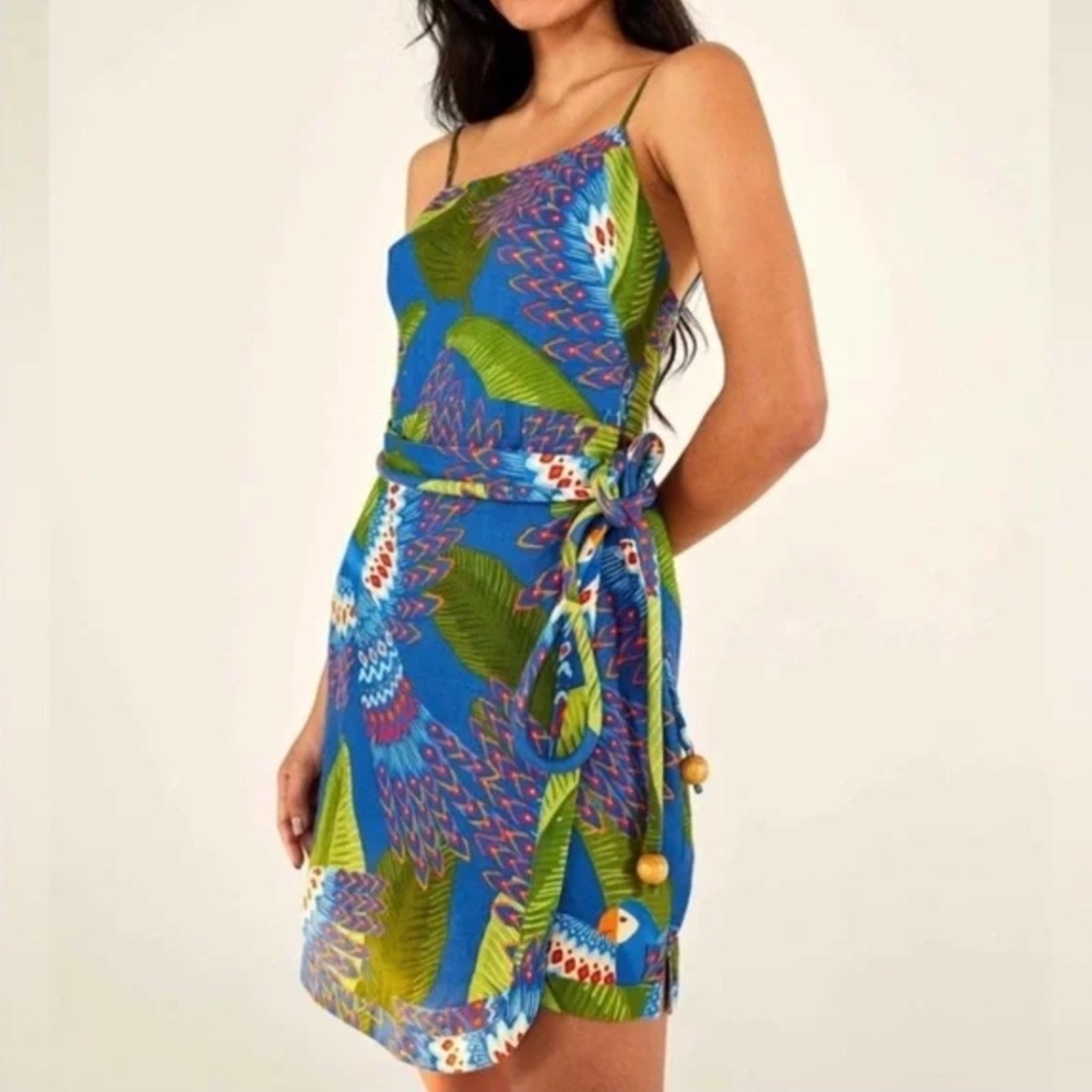 Farm Rio Blue Macaw Mini Wrap Dress
